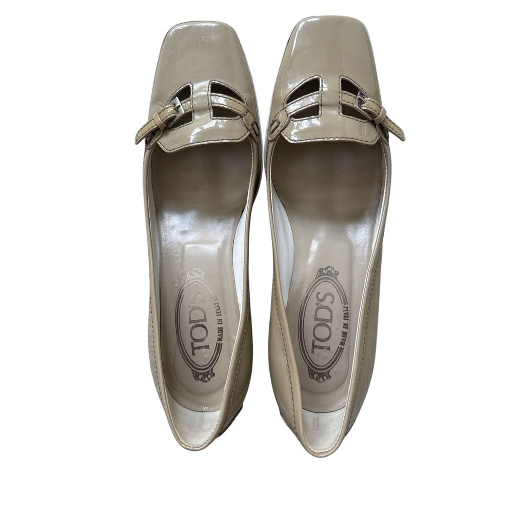 Tod's Taupe Patent Leather Low Rubber Wedge Pumps Size 37 EUC